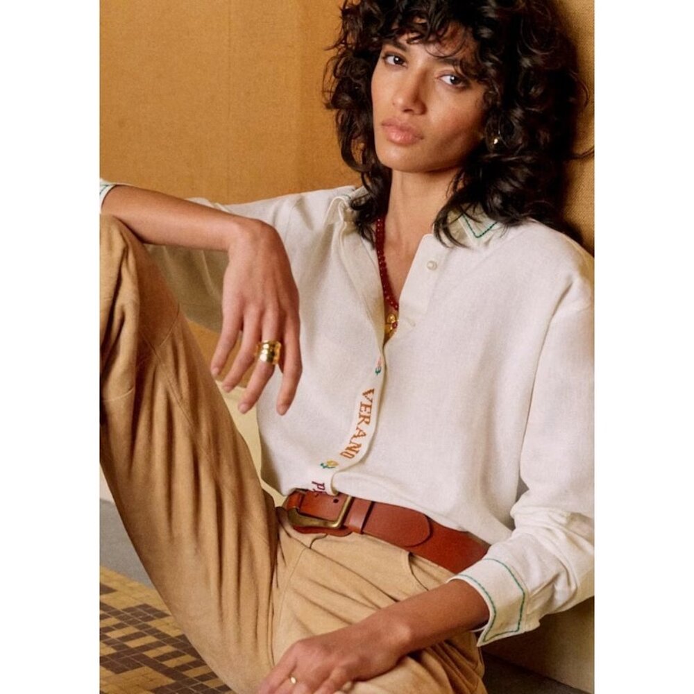 Sézane x Lucia Vergara Maxima Shirt Ecru with Embroidery-sz 38 (US 6) - Picture 4 of 14